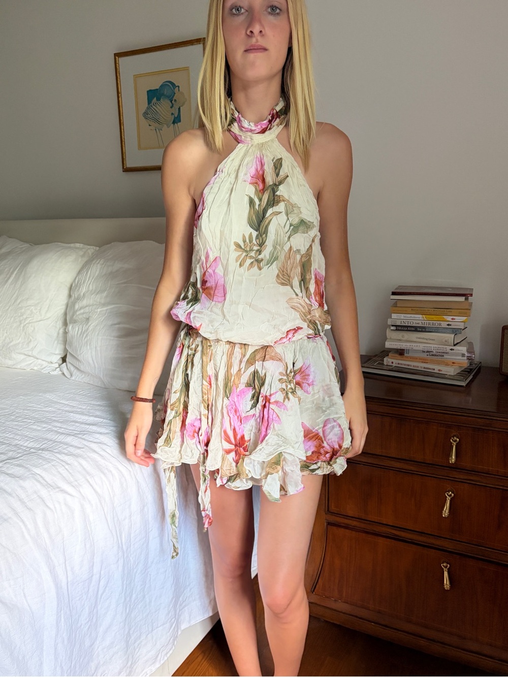 HEMANT & NANDITA Cream Halter Mini Dress with Pink Floral Print - Picture 3 of 6